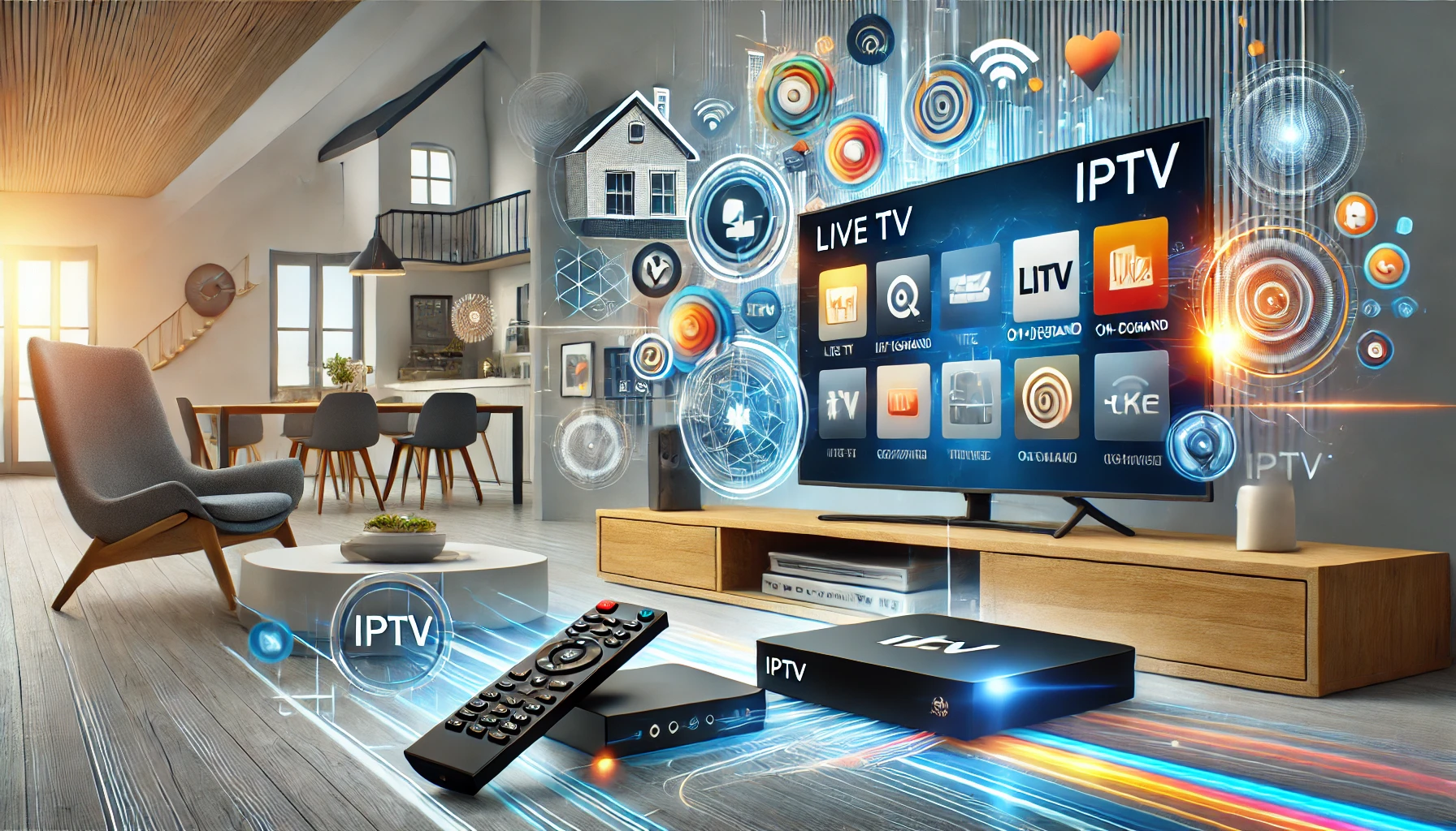 Sala de estar moderna con un televisor mostrando aplicaciones de IPTV, un control remoto, un decodificador y gráficos digitales flotando alrededor, representando conectividad y tecnología.