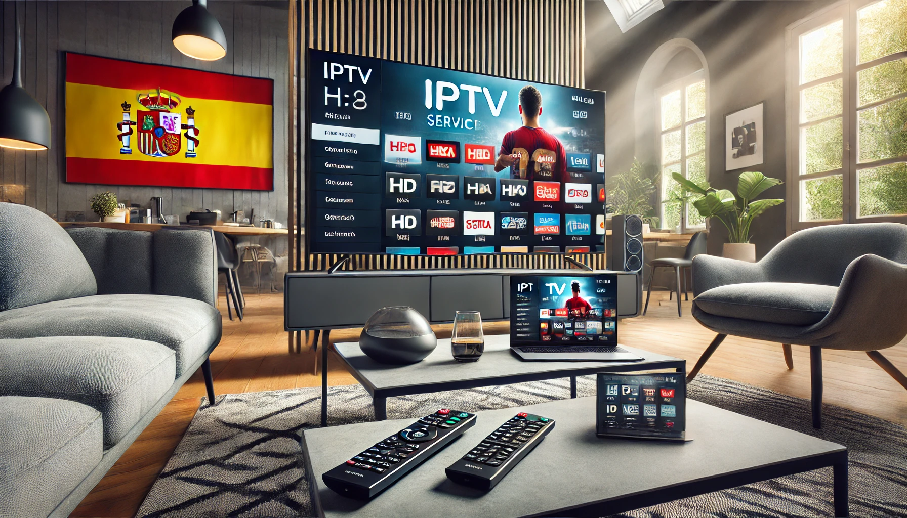 Interior de una sala moderna que muestra servicios de IPTV en España en varios dispositivos, con la bandera española al fondo.