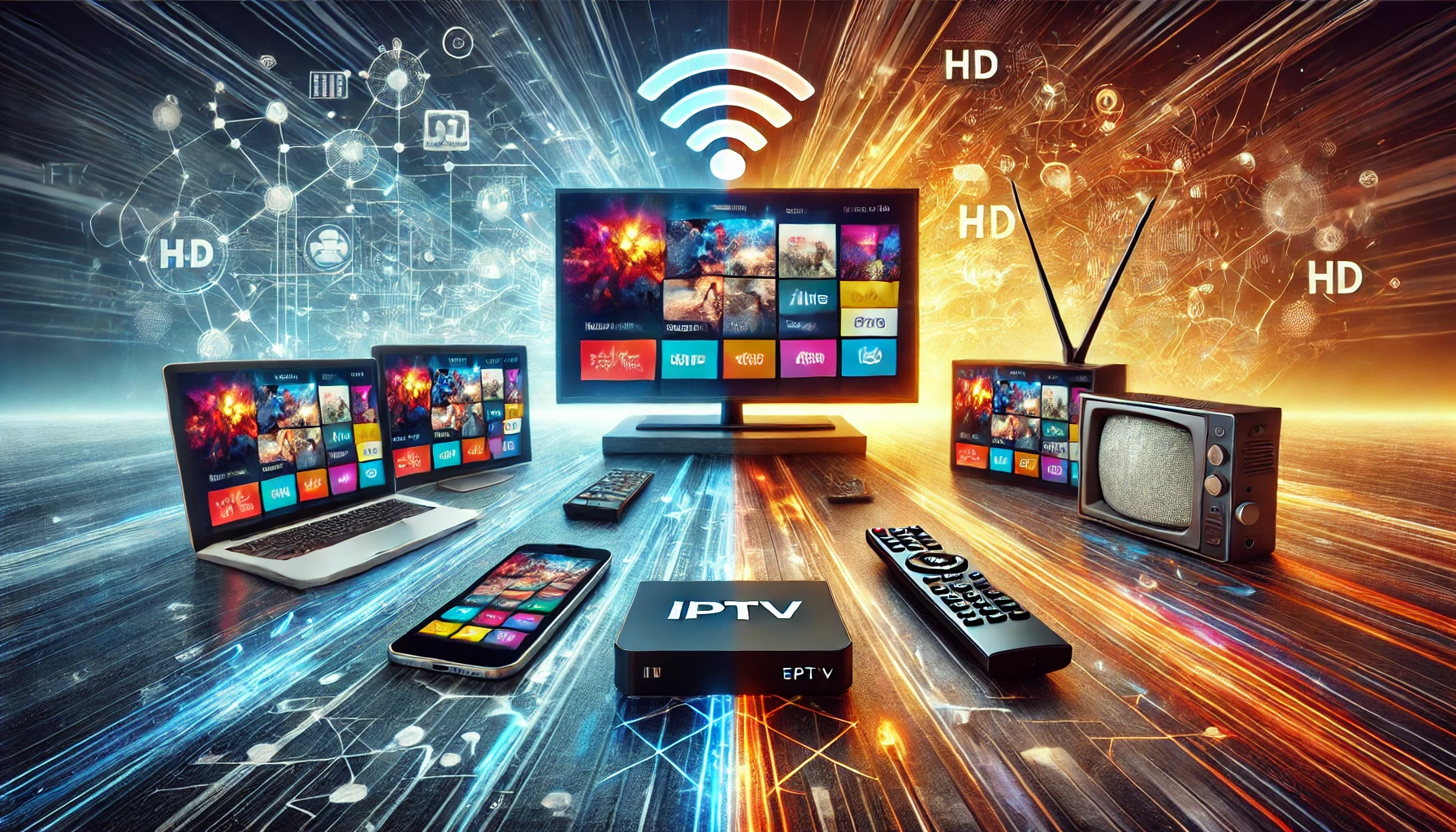 Comparative image showcasing IPTV and traditional cable television, featuring modern devices like smart TVs, laptops, and smartphones on the left, contrasted with older televisions and antennas on the right.