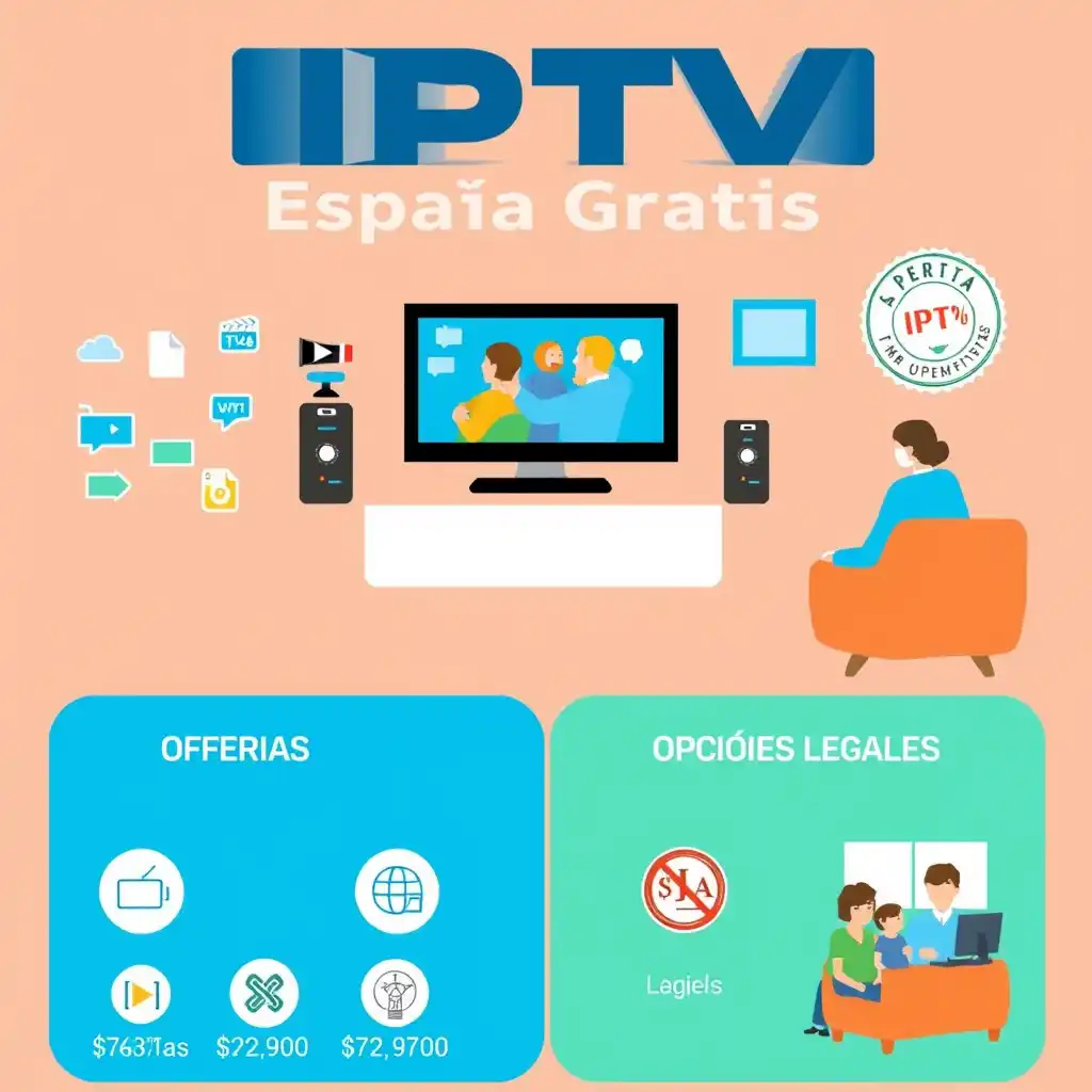 An illustration promoting "IPTV España Gratis," showcasing the benefits of free IPTV services in Spain. The image features a person sitting on an orange couch, watching a television displaying a family scene. Various icons around the TV represent streaming services and legal options. The bottom section highlights offers and legal options, with prices listed for different packages.