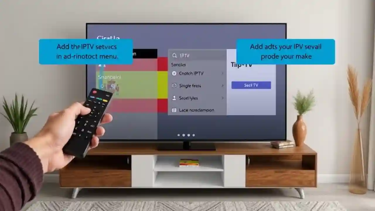 Persona configurando un servicio de IPTV en una televisión inteligente. La pantalla muestra opciones como "IPTV", "Sonos", e instrucciones para agregar contenido.